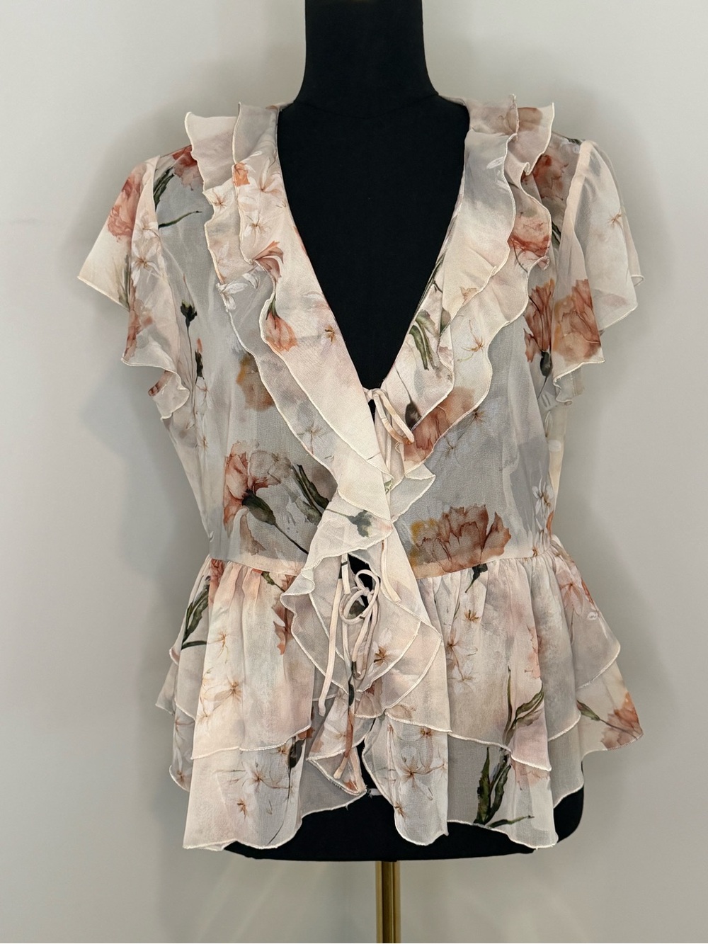 Zara Floral Ruffle Tie-Front Blouse